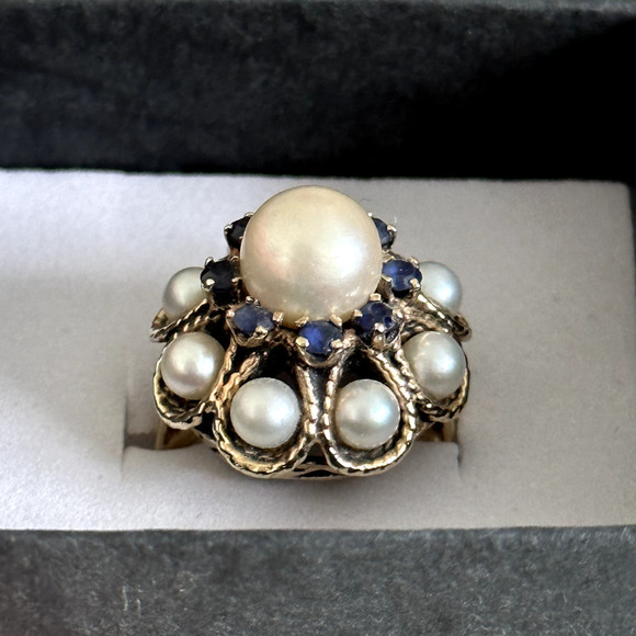 Vintage 14K Yellow Gold Pearl & Sapphire Ladies Statement Band Ring Size 5.75 - Picture 16 of 16
